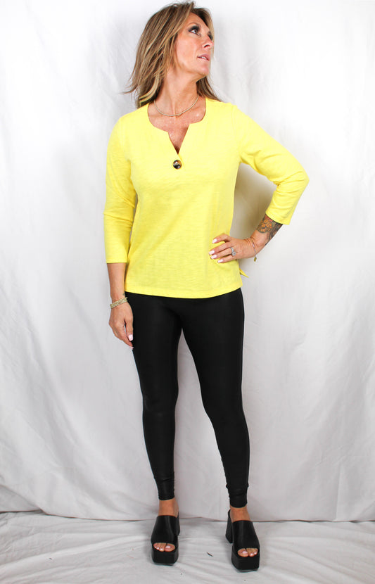 N14264-Y - Yellow - 1 Button 3/4 Sleeve Split Neck Tee A3139 - Pack