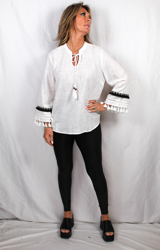 151759-W - White/Black - Fringe Sleeve Tie Top A3185 - Pack