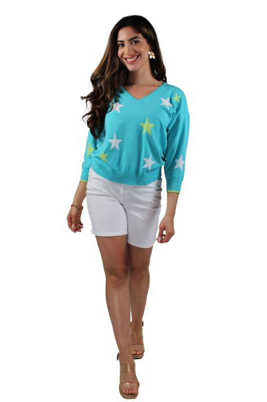 NS1416-T - Turquoise  - V-Neck Star Sweater A3209 - Pack