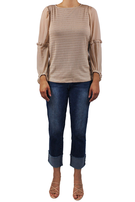 MJ874AA7F-A - Almond - Long Sleeve Mix Fabric Top A3298 - Pack