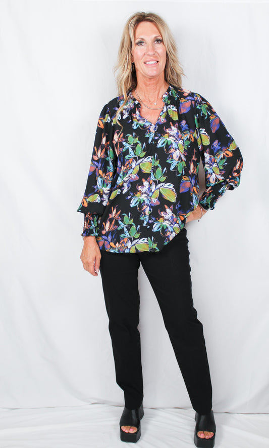 ST815055G-B - Black Multi - Floral Elastic Sleeve Blouse A3300 - Pack