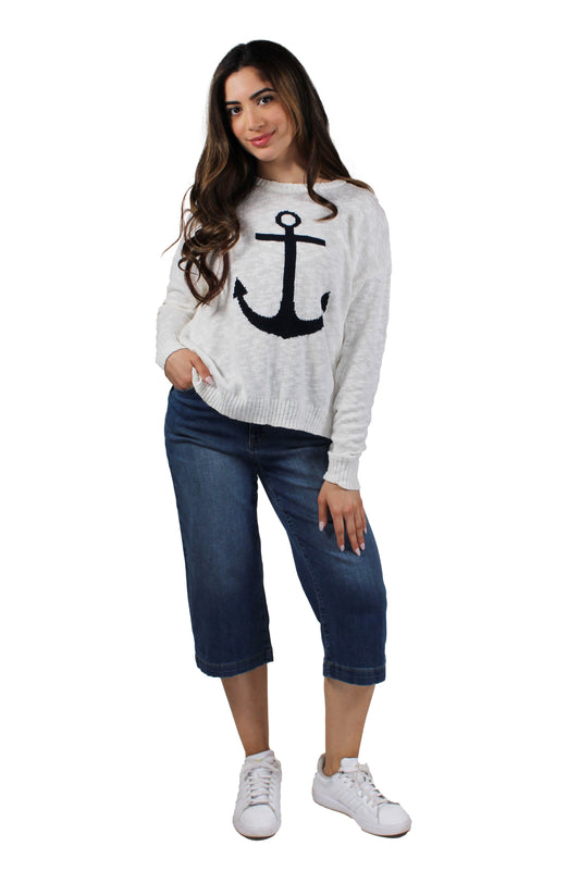 NS1778-W - White Navy - Anchor Sweater Crew V-Neck Cotton Slub A3351 - Pack