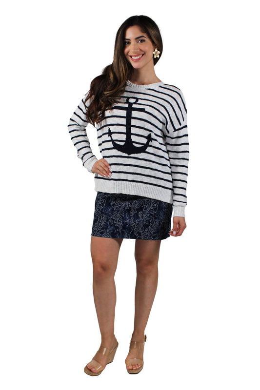 NS1785-NS - Navy White Striped - Anchor Striped Sweater Crew V-Neck Cotton Slub A3352XX - Pack
