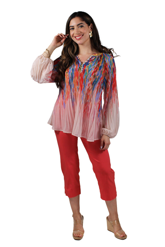 IVYT95177-P - Peach Blue - V-Neck Long Sleeve Shew Print Blouse A3389 - Pack
