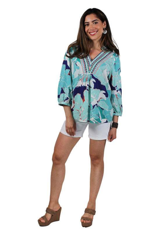 WIL66021-B - Blue Royal - V-Neck 3/4 Sleeve Print Blouse A3391 - Pack