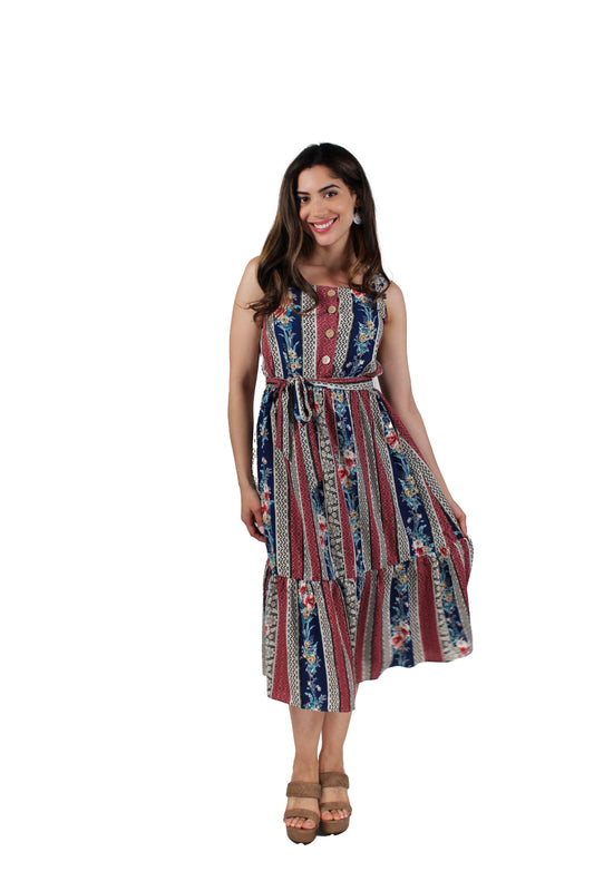 Y8866178A-R - Rust/ Navy Red - Belted Sleeveless Dress A3392 - Pack