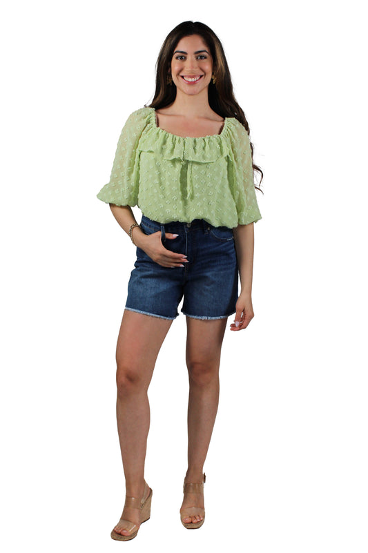 ST8IGL03K-P - Pale Reseda - Clip Dot 3/4 Sleeve Ruffle Blouse A3400 - Pack
