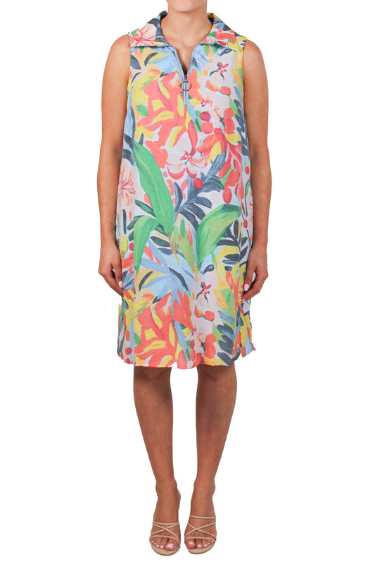 ND814N402-W - White Navy - Sleeveless 1/4 Zip Floral Dress A3412 - Pack