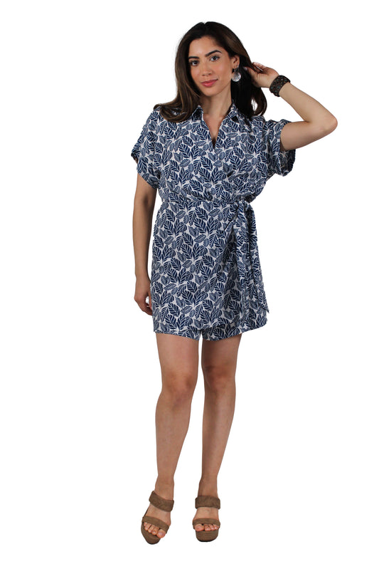 D9458736-W - White Blue - Short Sleeve Tie Side Dress A3425 - Pack