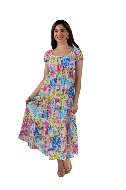 D00988581-B - Blue Pink Flower - Short Sleeve Long Floral Tiered Maxi Dress A3428 - Pack
