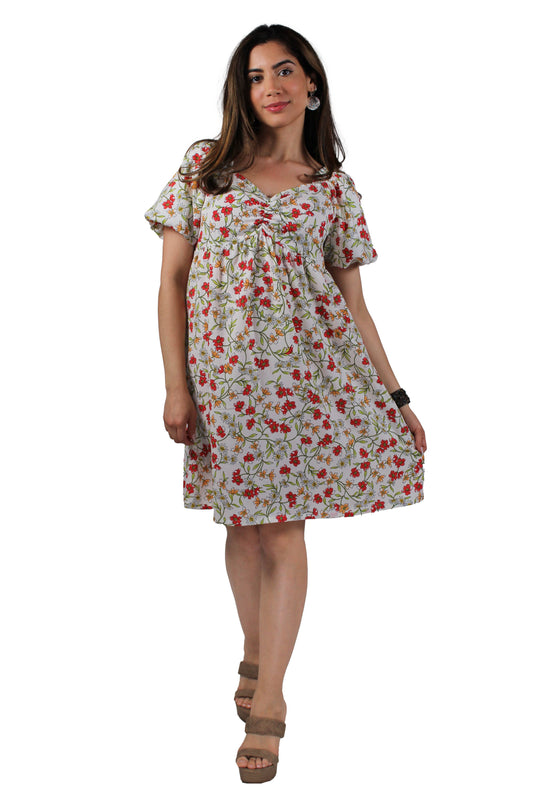 D4042642-C - Cream Coral - Puff Sleeve Ruched Bodice A3433 - Pack