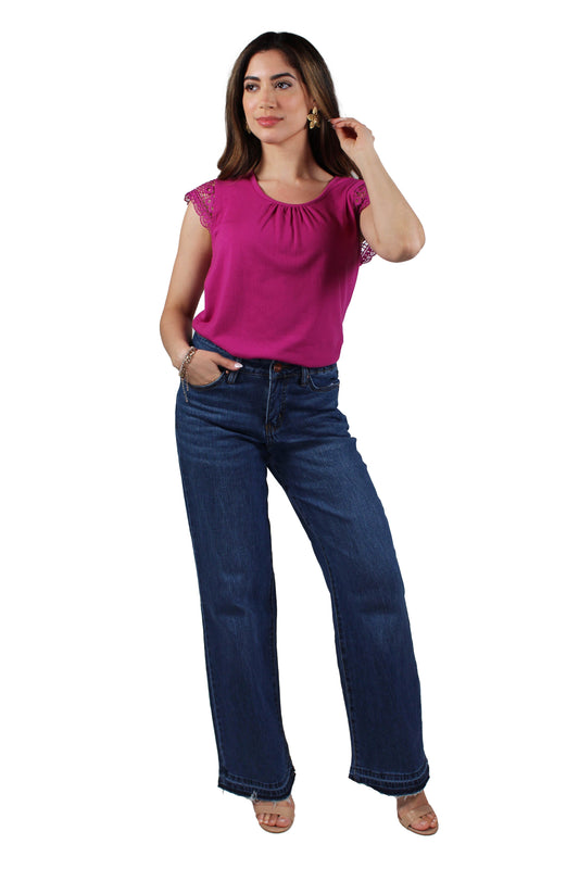 MK245AA35-B - Berry - Short Sleeve Crochet Scoop Neck Top A3447 - Pack