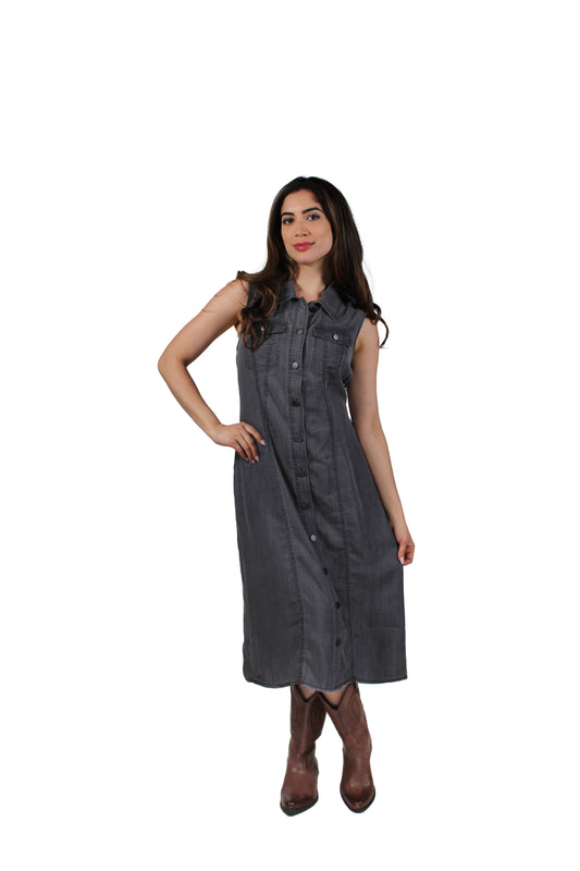 DW012506-L - Light Grey Denim - Sleeveless Midi Tencel Button Front Dress A3452 - Pack