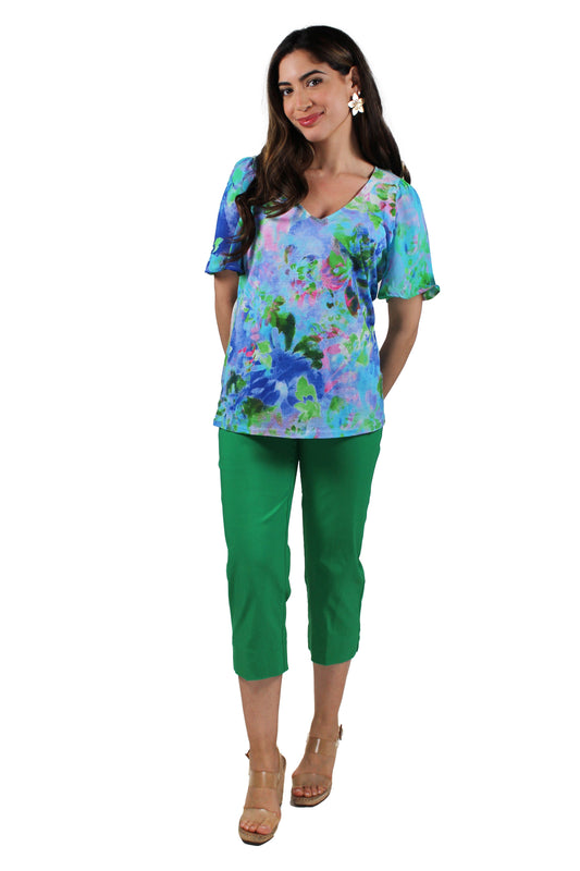 SK272404-F - Fiona Blue Multi - Ruffle Elbow Sleeve Tie V-Neck Blouse A3480 - Pack