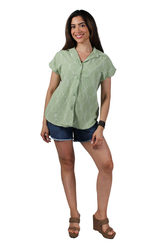 AP588X6177-S - Sage - Button Front Blouse Puff Print A3522 - Pack