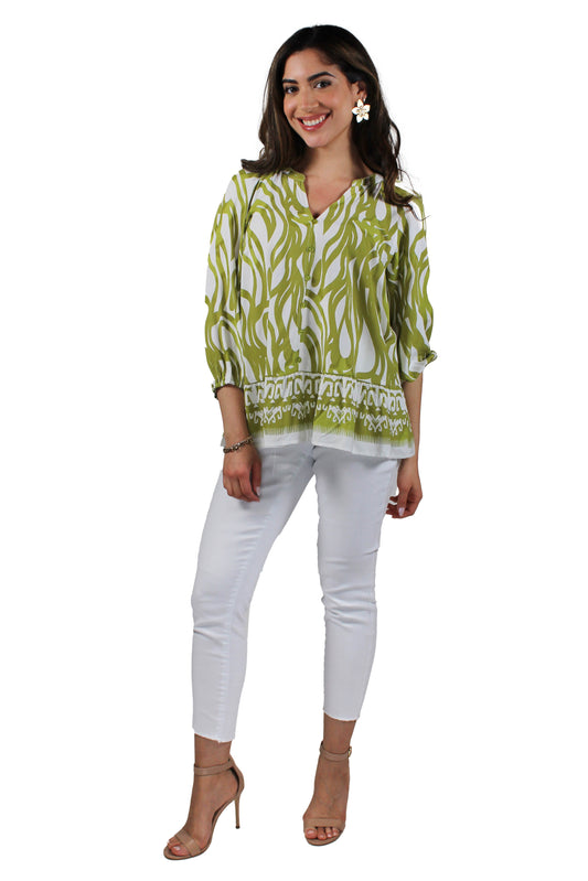 152160-L - Lime White - 3/4 Sleeve V-Neck Button Front Blouse Baby Doll A3544 - Pack