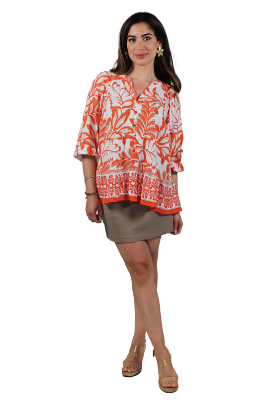 152162-O - Orange White - 3/4 Sleeve V-Neck Button Front Blouse Baby Doll A3545 - Pack