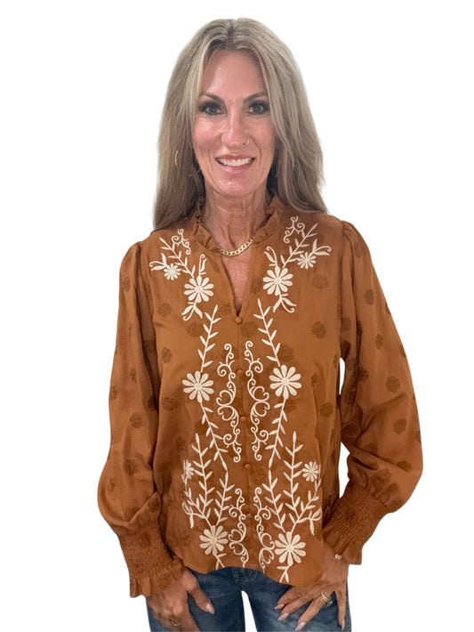 SB2177-A - Amber Cabernet - Long Sleeve Embroidered V-Neck Blouse A3687 - Pack