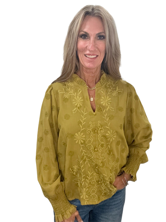 SB2177-C - Cinnamon - Long Sleeve Embroidered V-Neck Blouse A3689 - Pack