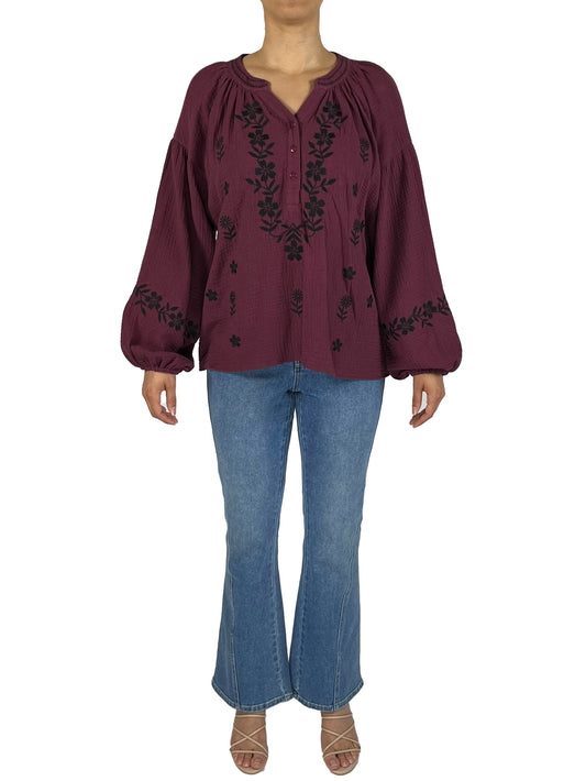 SB2102-B - Burgundy Black - Notch V-Neck Long Sleeve Embroidered Blouse A3692 - Pack