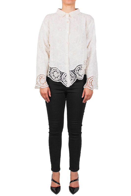 SB1888X-N - Natural - Long Sleeve Crochet Bottom Blouse A3699 - Pack