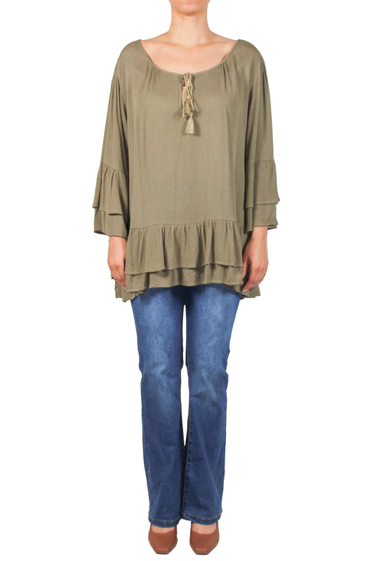 SB642X-O - Olive - 3/4 Sleeve Double Ruffle Blouse A3700 - Pack