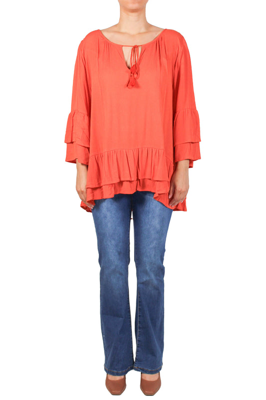 SB642X-R - Rust - 3/4 Sleeve Double Ruffle Blouse A3701 - Pack