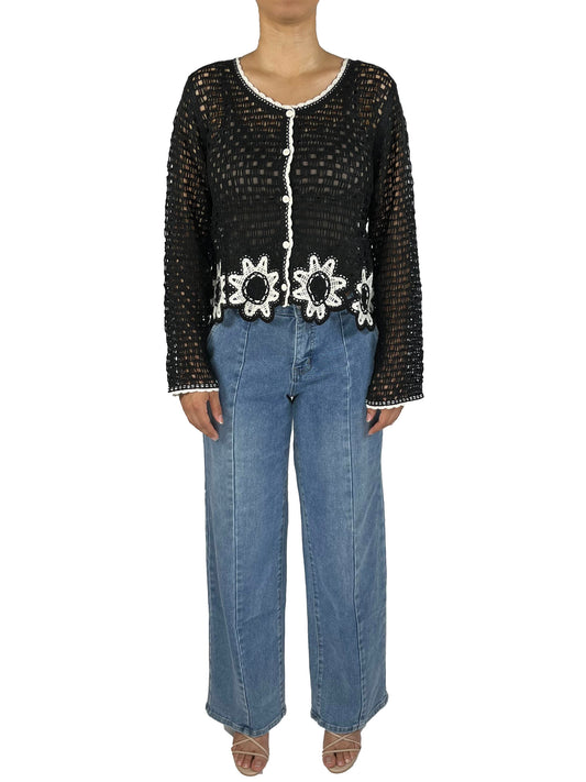 SD21-B - Black Natural - Button Front Crochet Cardigan A3743 - Pack