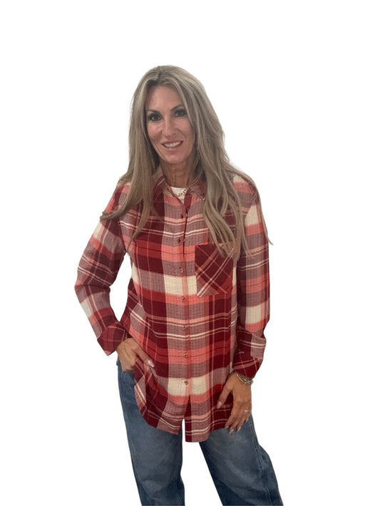 PP303934-R - Red Burgandy - Long Sleeve Plaid Blouse A3791 - Pack