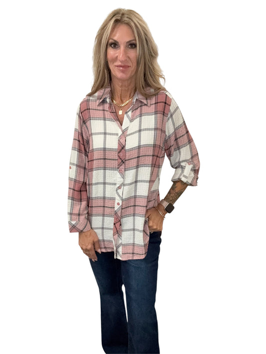 PP632512-BL - Blush - Textured Long Sleeve Plaid Shirt A3862 - Pack