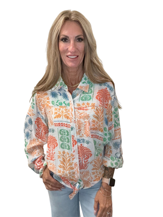 ST834N41I-6-C - Cherry Tomato/Multi - Long Sleeve Button Front Blouse A3869 - Pack