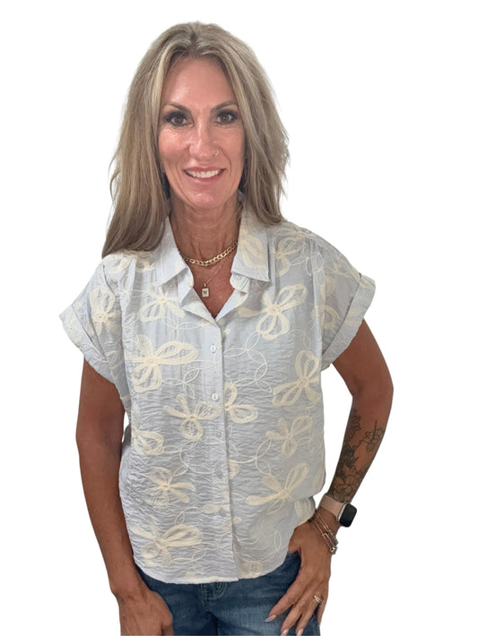 ST815478B-L - Light Blue Off White - Short Sleeve Embroidered Blouse A3870 - Pack