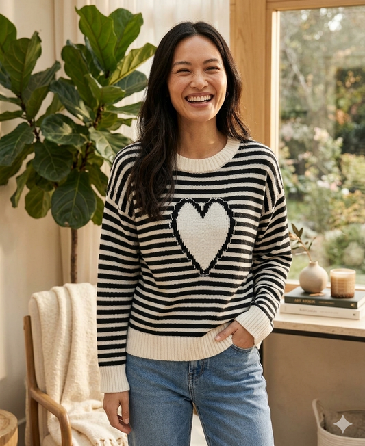 NS2567-B - Black - Long Sleeve Stripe Heart Sweater A3991 - Pack
