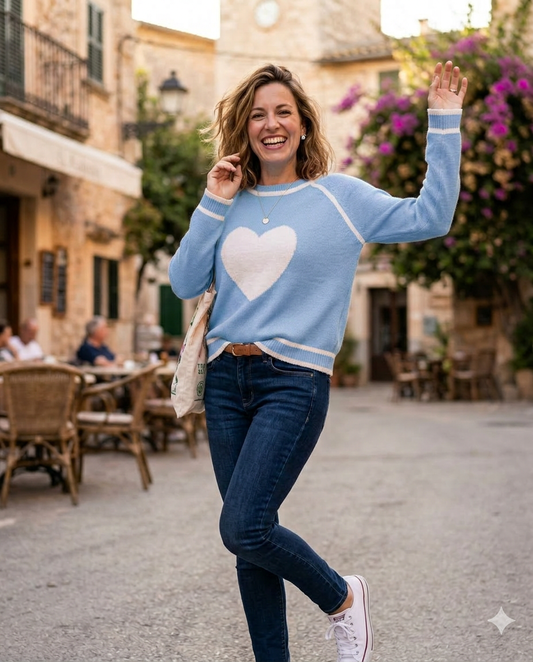 NS2114-M - Misty Blue - Crew Neck Center Heart Sweater A3994 - Pack