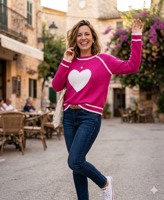 NS2114-P - Pink - Crew Neck Center Heart Sweater A3995 - Pack