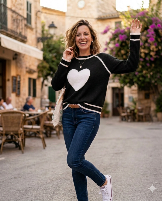 NS2114-B - Black - Crew Neck Center Heart Sweater A3996 - Pack