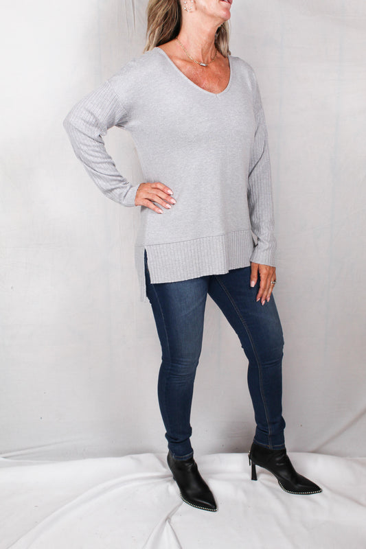 FK60039-L - Light Grey - V-neck Mix Rib Knit A738 - Pack