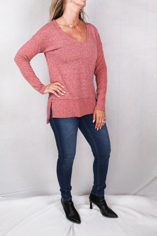 FK60039-R - Rust - V-Neck Mix Rib Knit A740 - Pack