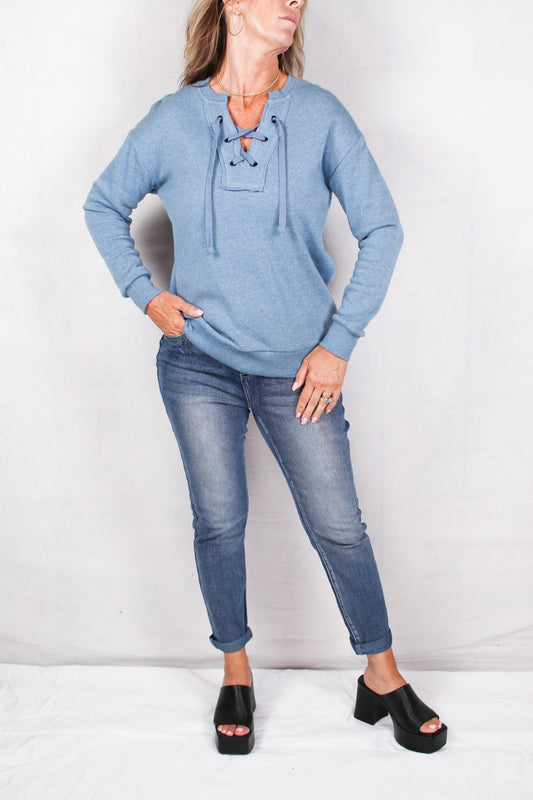 21M-F2114-B - Blue - Lace Neck Fleece Top A798 - Pack
