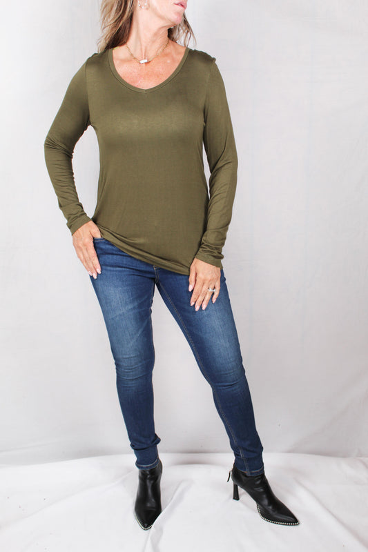 K092013-O - Olive - Long Sleeve V-Neck Top A899 - Pack