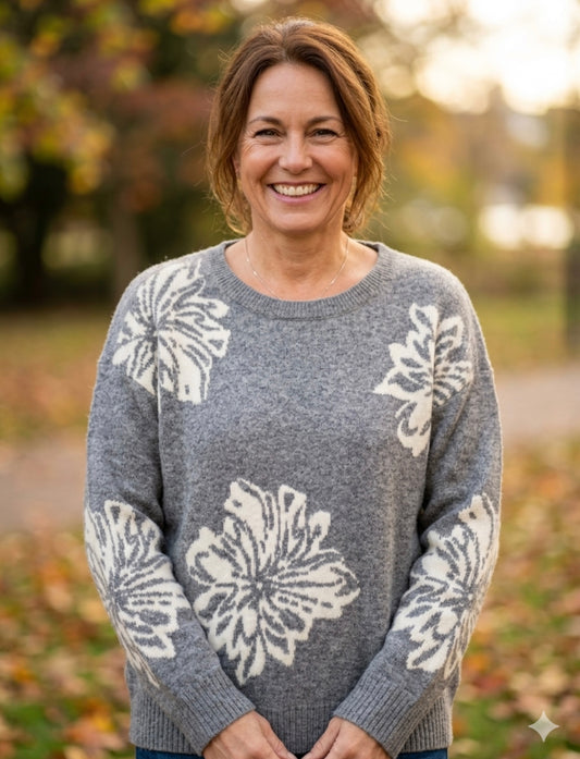 NS2420-G -  - Long Sleeve Crew V-Neck Flower Sweater A3933 - Pack
