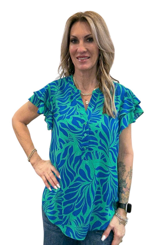 ST815OWV1-6-S - Simply Green Blues - Double Ruffle Short Sleeve Blouse A3875 - Pack