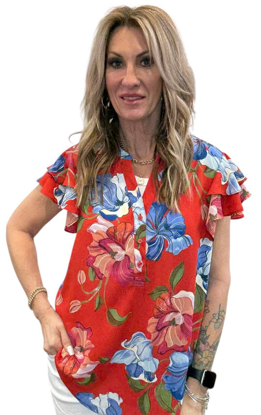 ST815OWV1-6-T - Tomato Floral - Double Ruffle Short Sleeve Blouse A3874 - Pack