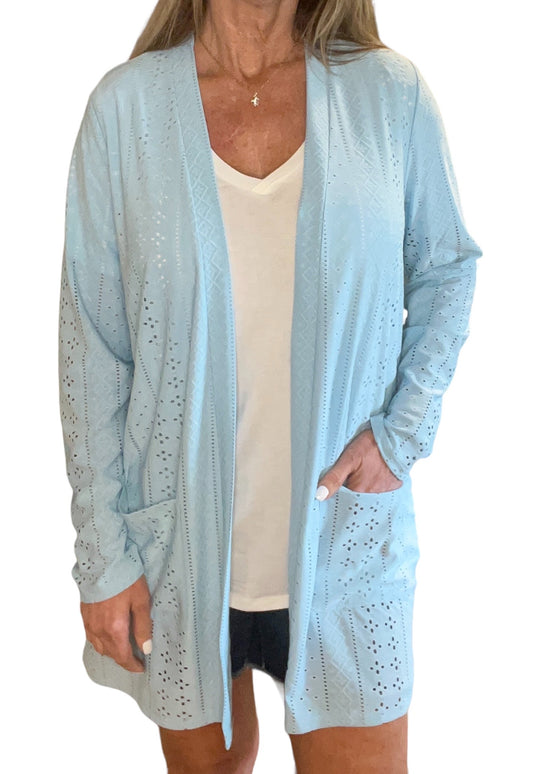 K332203-B - Brighton Blue - Two Pocket Knit Eyelet Cardigan A2625 - Pack