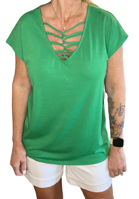 K022228-F - Fern Green - Short Sleeve Lace Neck Dolman Sleeve A2621 - Pack