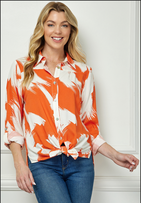 MAX66L81-I - Ivory Orange - Button Front 3/4 Sleeve Blouse A3093 - Pack