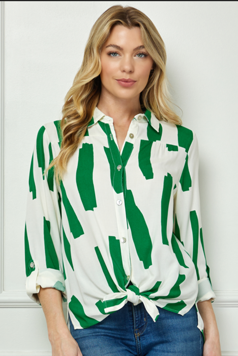 MAX66L82-IG - Ivory Green - Button Front 3/4 Sleeve Blouse A3095 - Pack