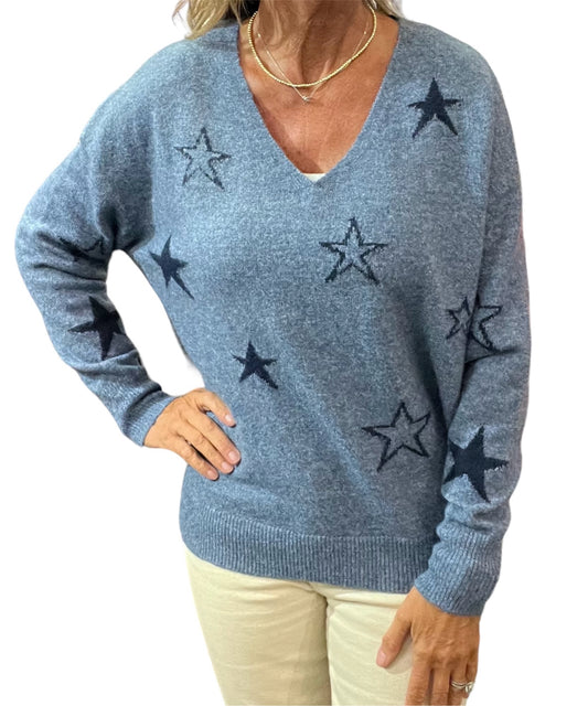 NS1691-D - Denim - V-Neck Long Sleeve Sweater Stars A3262 - Pack