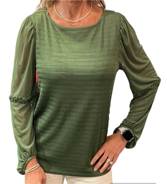 MJ874AA7F-G - Green - Long Sleeve Mix Fabric Top A3299 - Pack