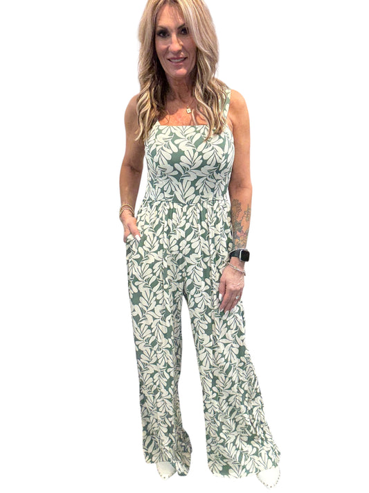 Y991766R15-O -  - Leaf Print Sleeveless Jumpsuit A3824 - Pack